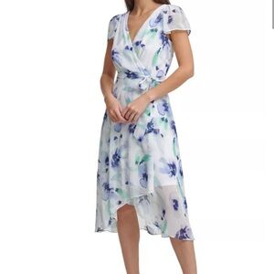 DKNY white floral faux wrap midi dress